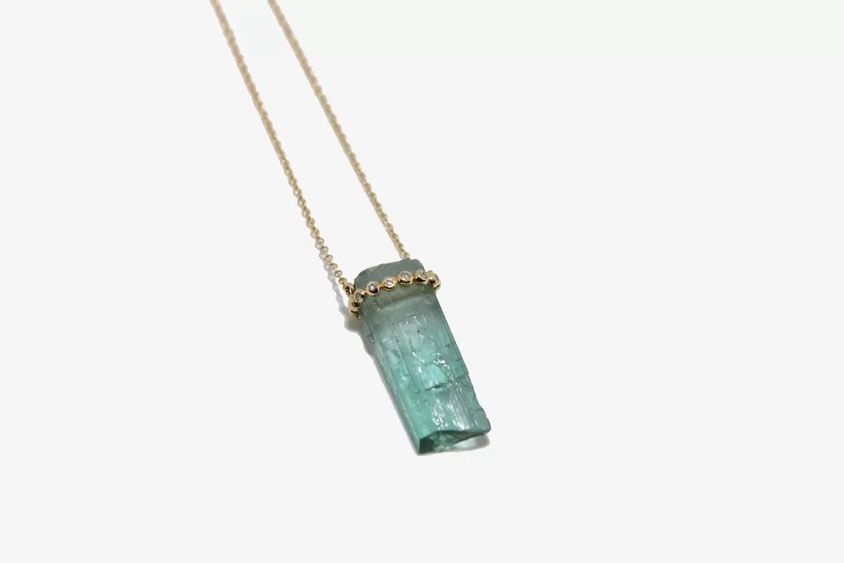 14k Gold Large Green Tourmaline Crystal Necklace