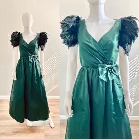 1970s Vintage Couture Green Satin Dress with Feathers / 70s formal dress / 70s Christmas dress / Size S