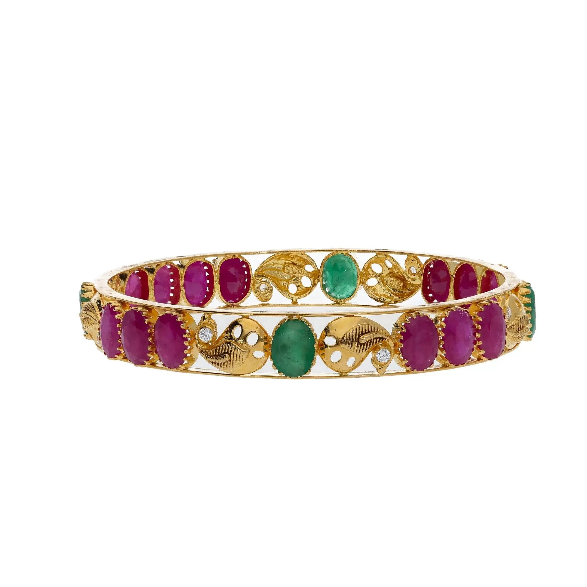 22K Yellow Gold Bangle W/ CZ, Rubies, Emeralds & Abstract Mango Accents