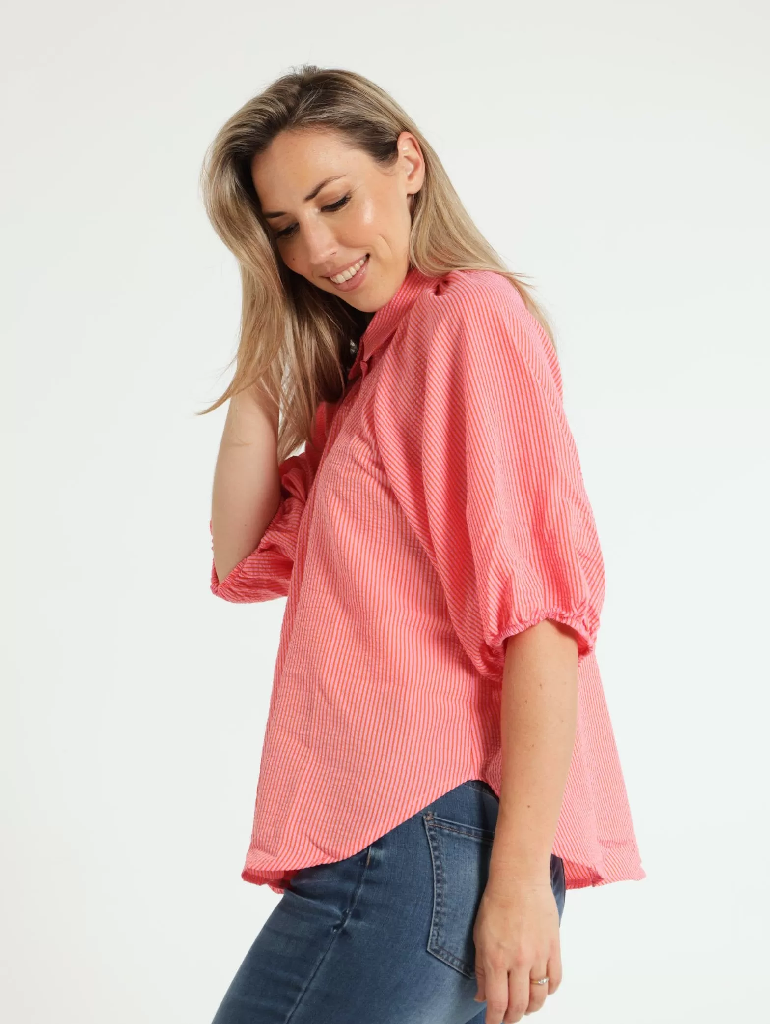 3/4 Balloon Sleeve 2 Tone Stripe Shirt - Pink