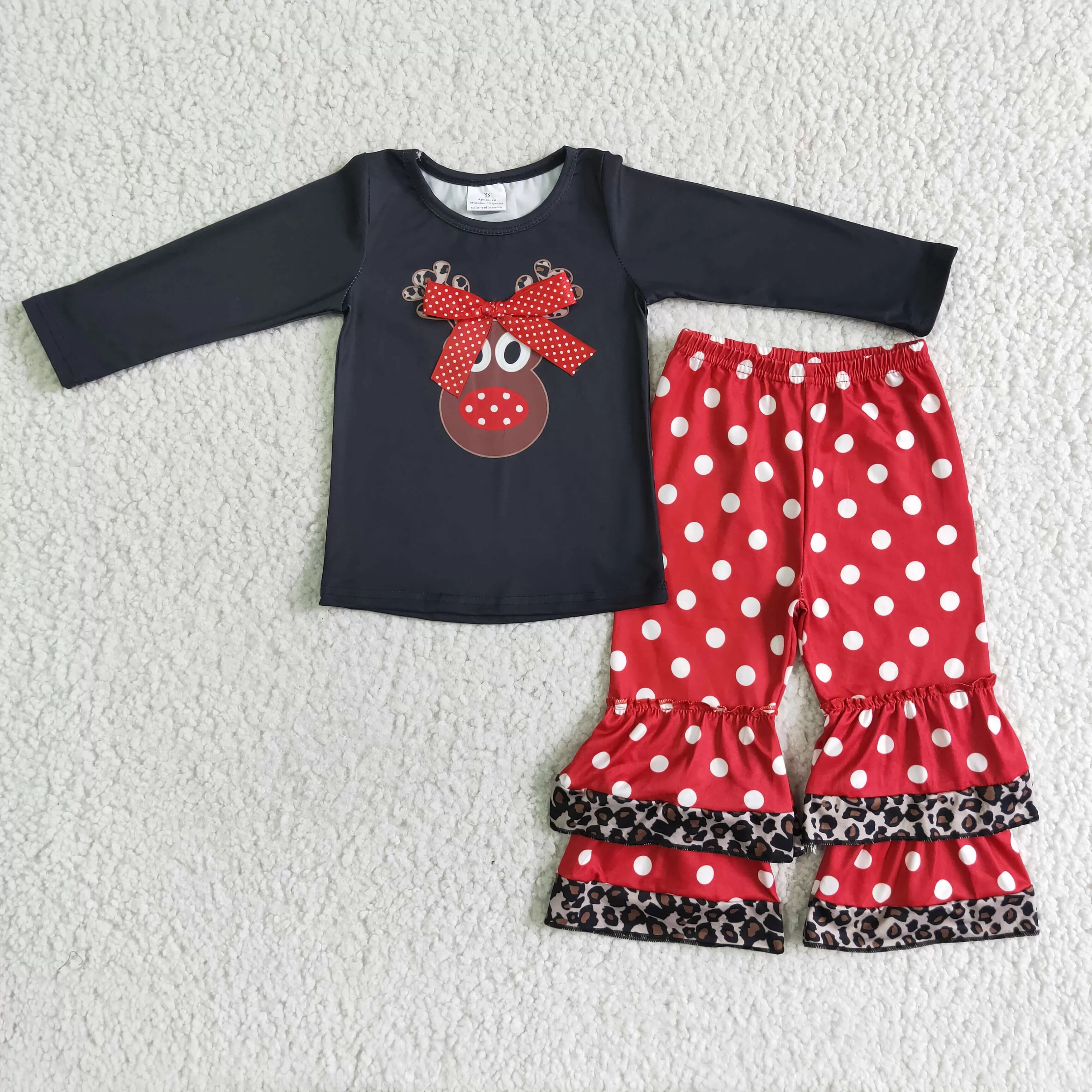 6 A22-26 girl black winter deer red dot christmas long sleeve set