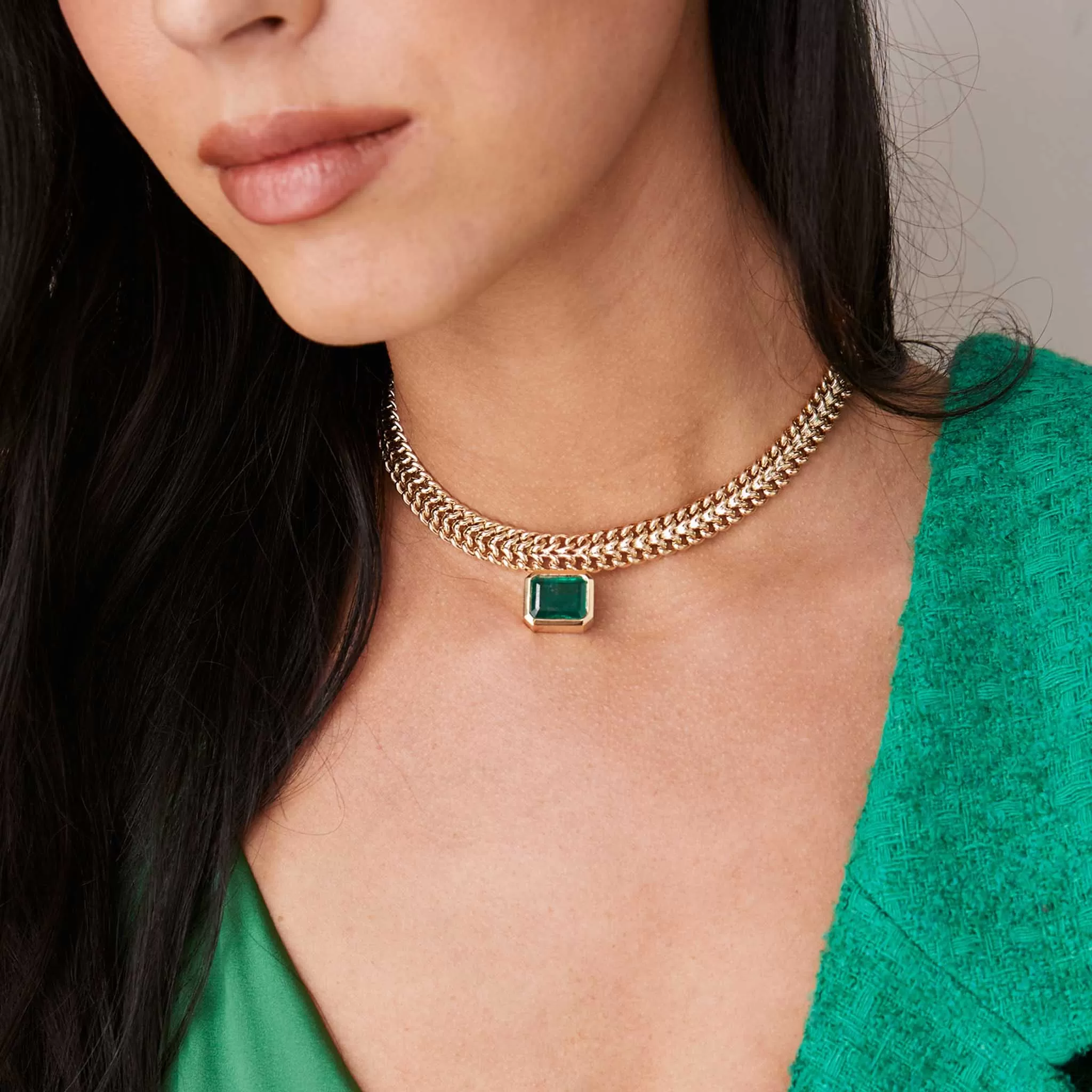 8.97 ctw Emerald Cut Emerald Bezel Double Wide Curb Chain Necklace