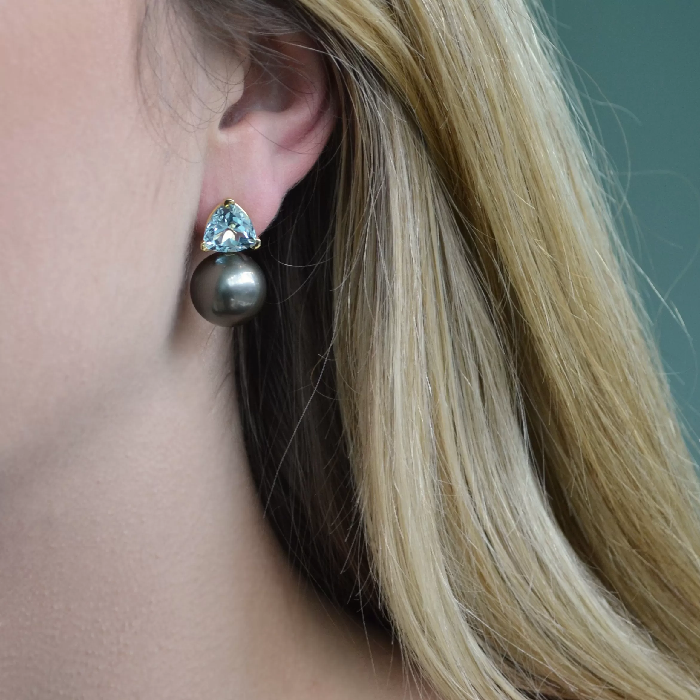 A & Furst - Bonbon - Drop Earrings with Blue Topaz and Black Tahitian Pearls, 18k Yellow Gold