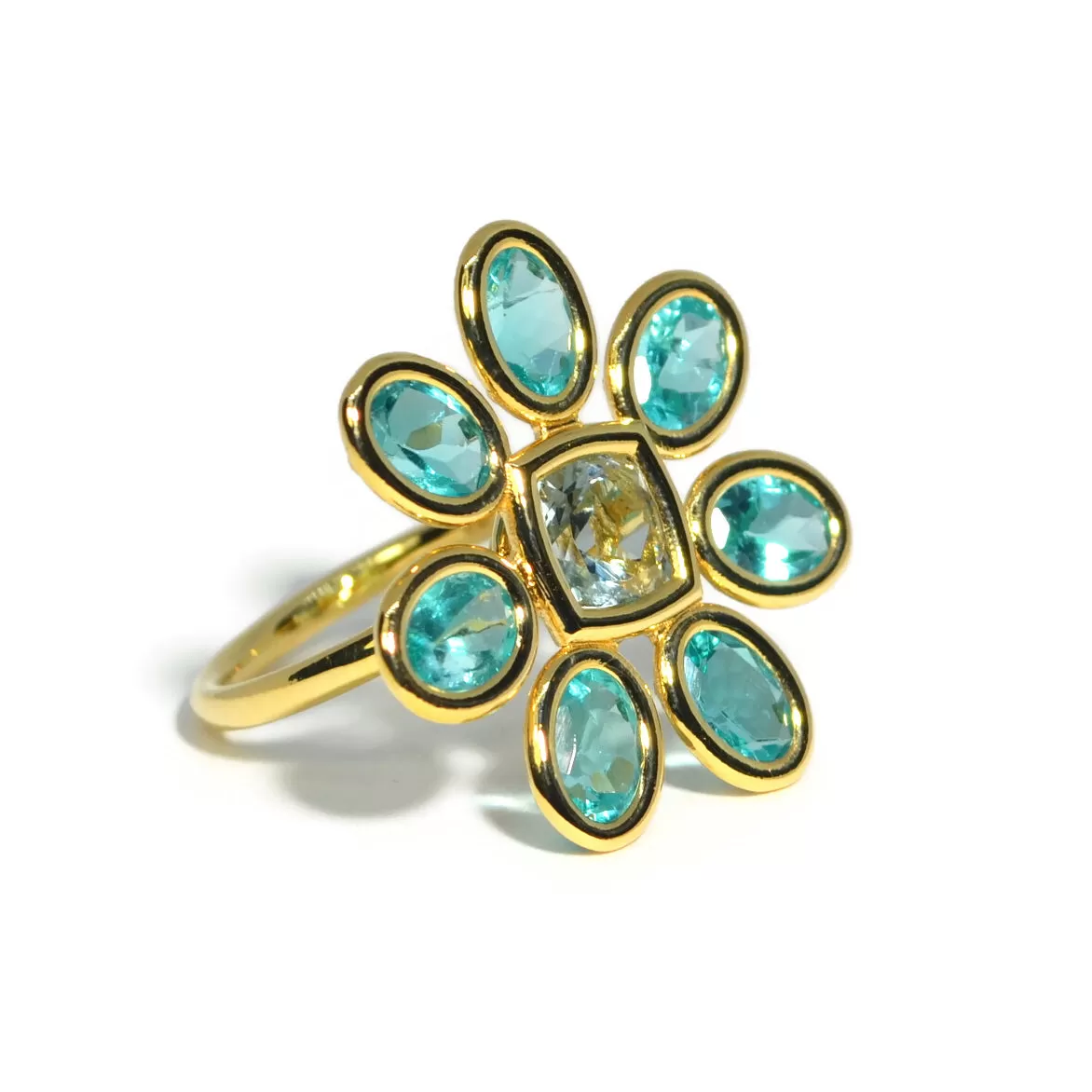 A & Furst - Fiori - Cocktail Ring with Paraiba Color Apatite and Aquamarine, 18k Yellow Gold