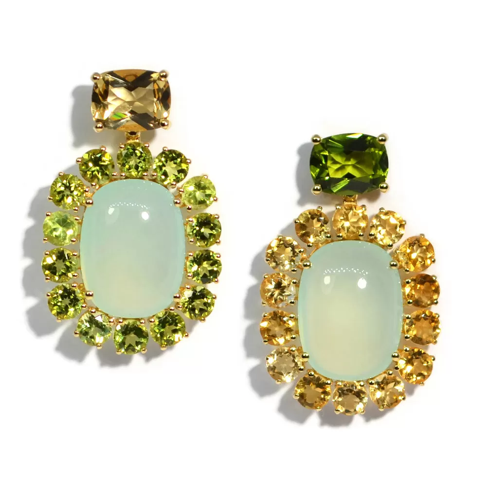 A & Furst - Sole - Mismatched Drop Earrings with Green Chalcedony, Peridot and Citrine, 18k Yellow Gold