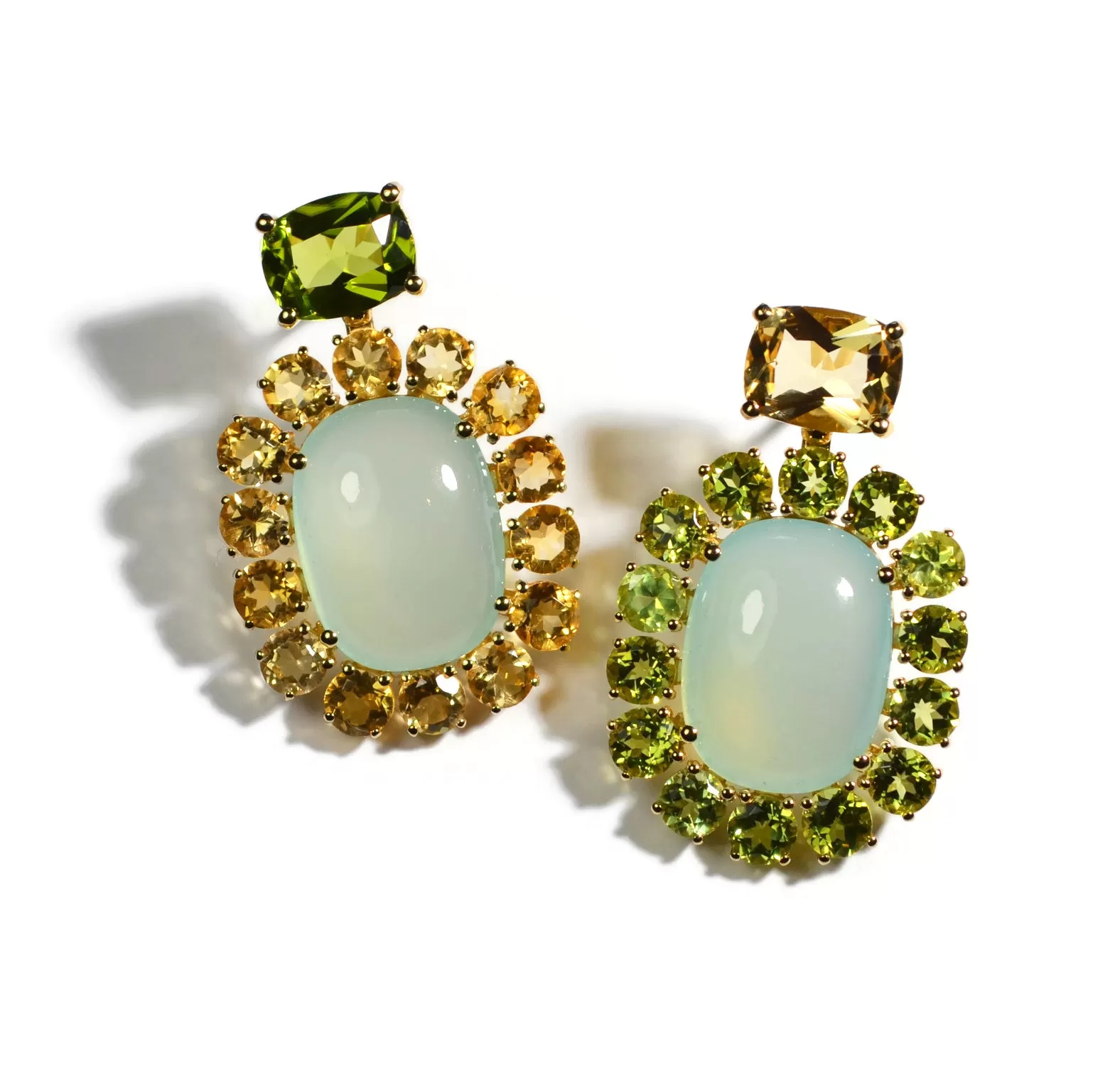 A & Furst - Sole - Mismatched Drop Earrings with Green Chalcedony, Peridot and Citrine, 18k Yellow Gold