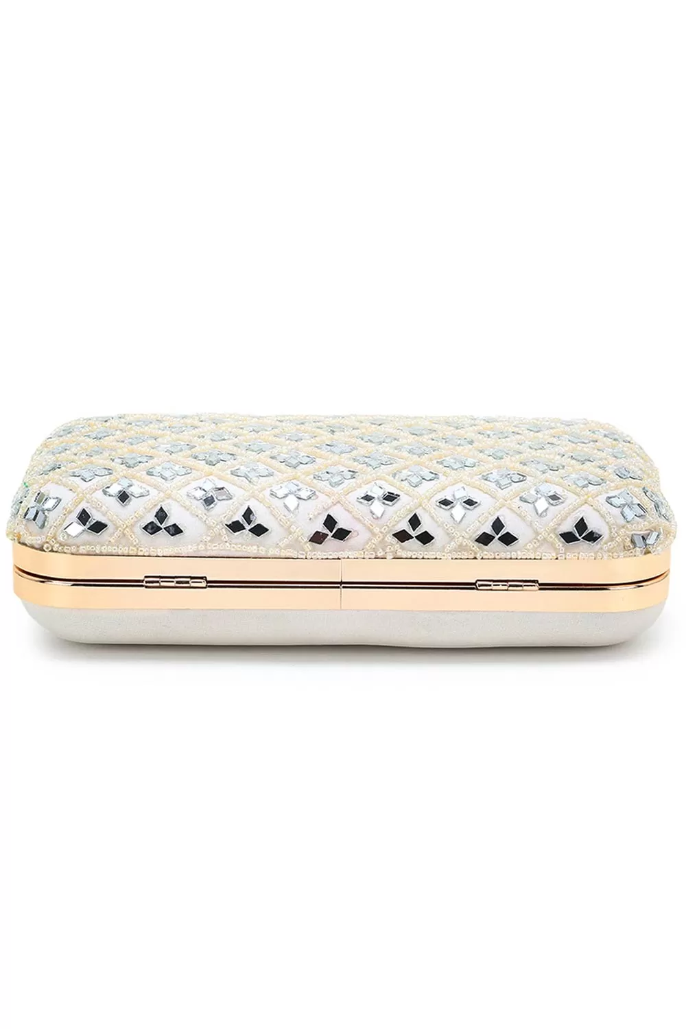 Adorn Off White Faux Silk Geometric Clutch with Mirror Work