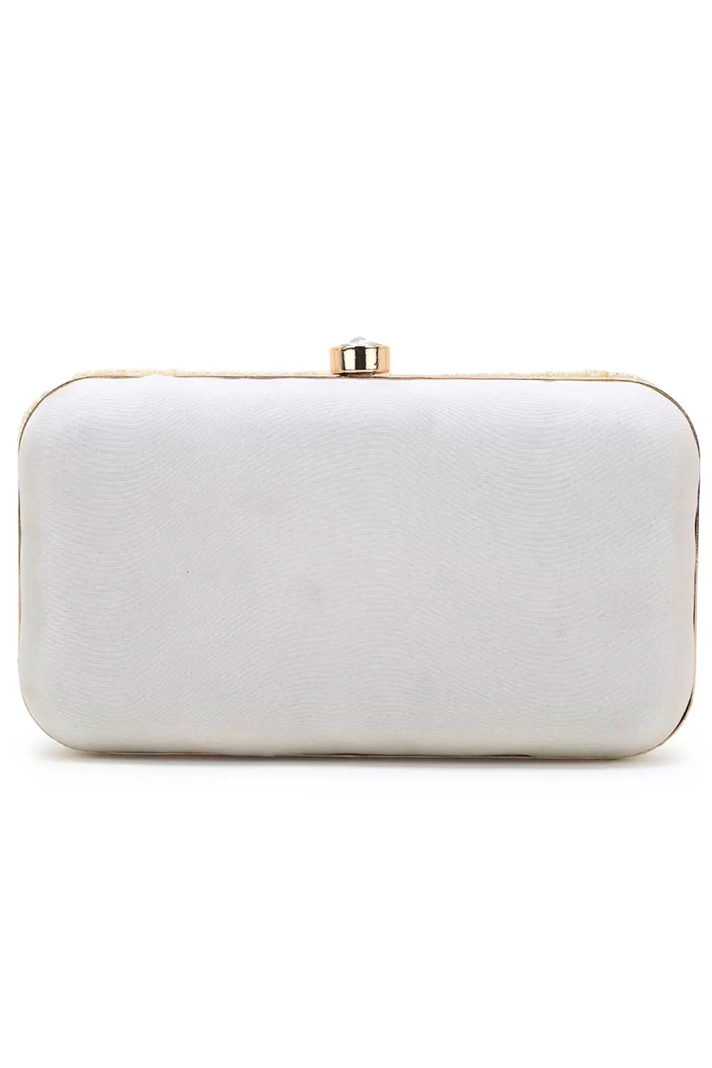 Adorn Off White Faux Silk Geometric Clutch with Mirror Work