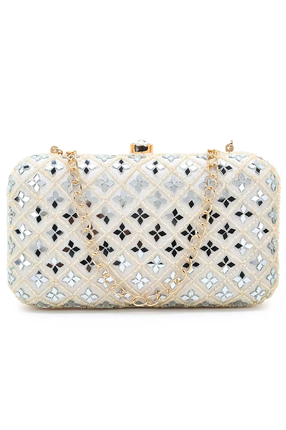 Adorn Off White Faux Silk Geometric Clutch with Mirror Work