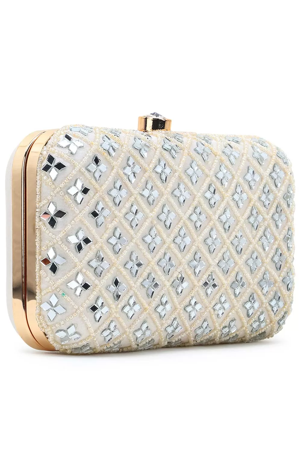 Adorn Off White Faux Silk Geometric Clutch with Mirror Work