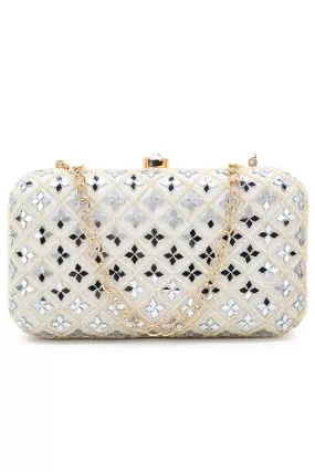 Adorn Off White Faux Silk Geometric Clutch with Mirror Work