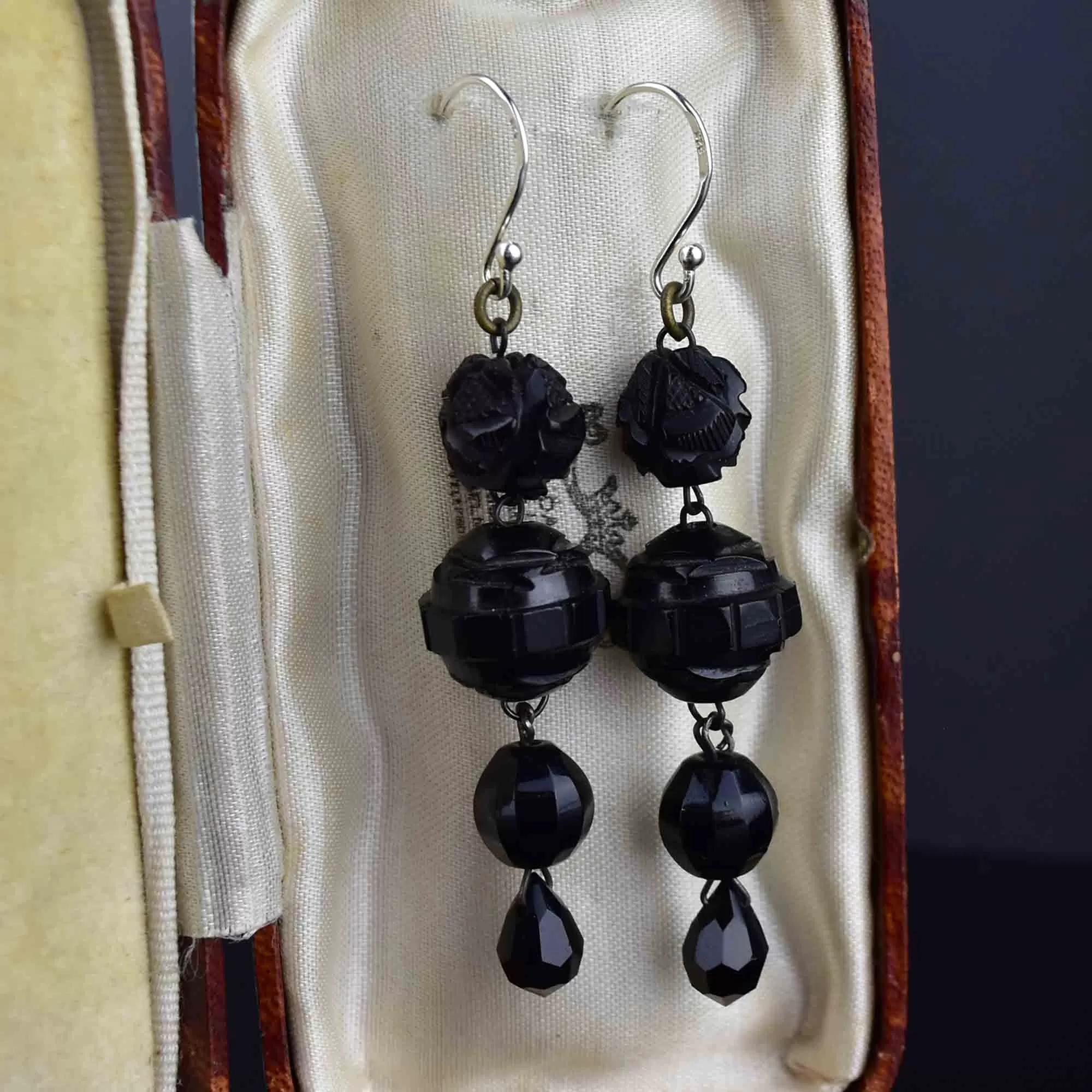 Antique Carved Whitby Jet Long Dangle Earrings