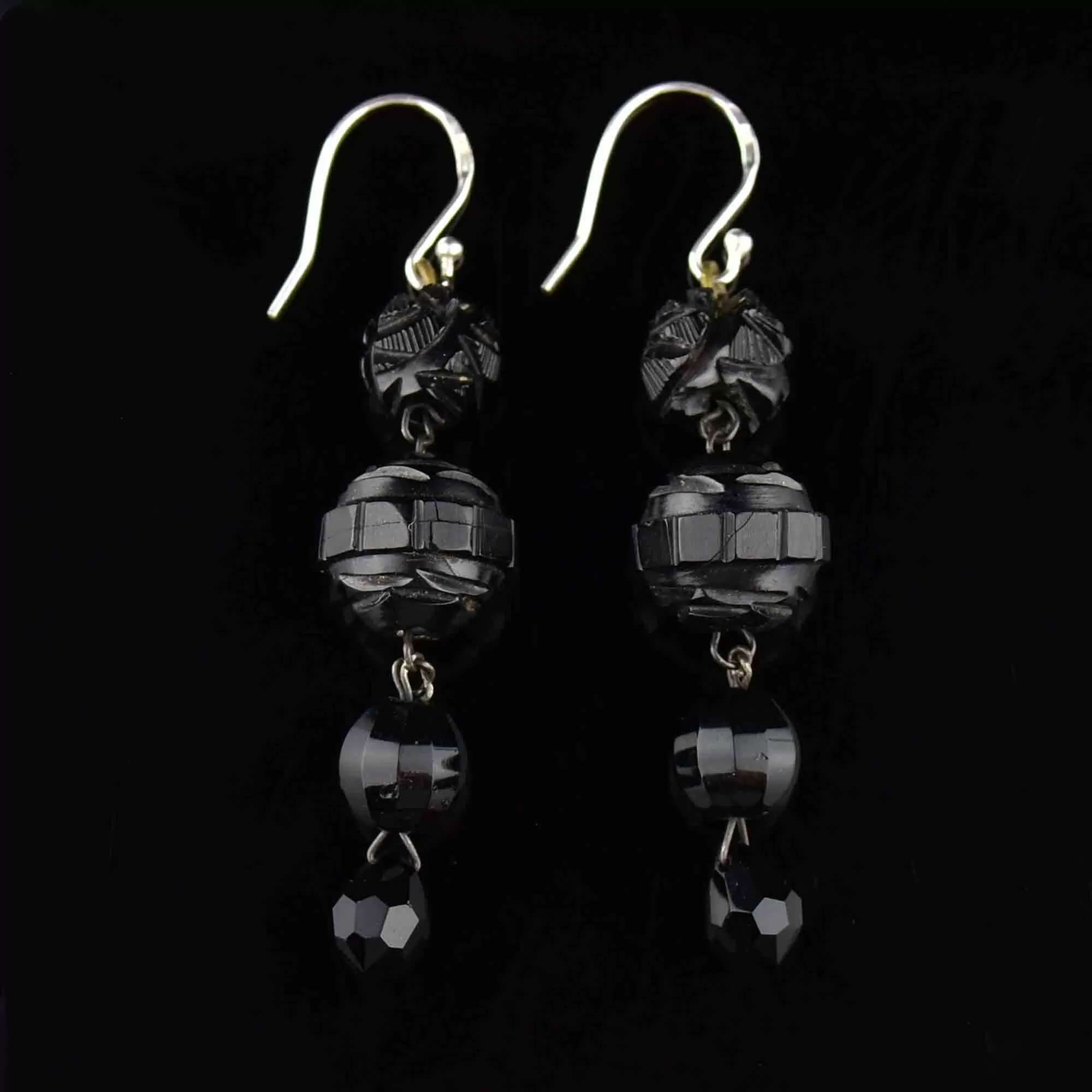 Antique Carved Whitby Jet Long Dangle Earrings