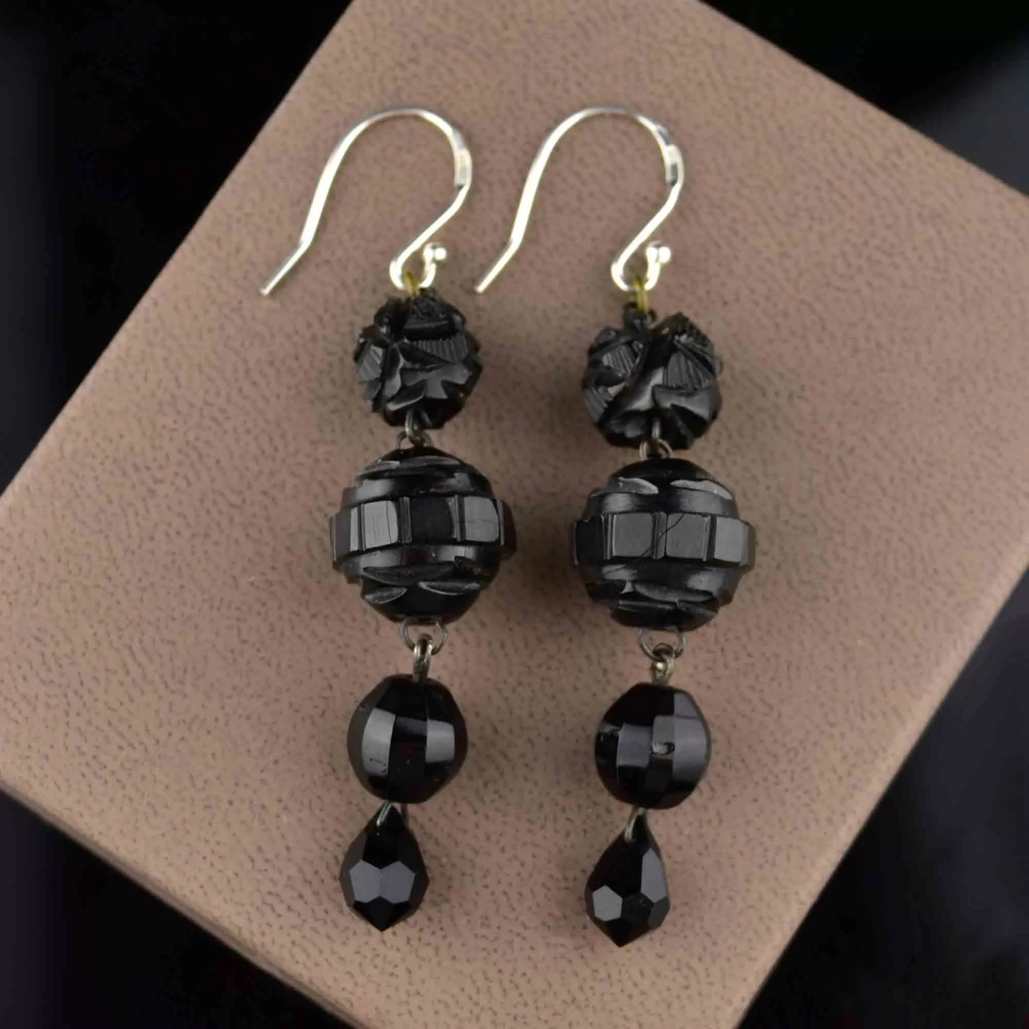 Antique Carved Whitby Jet Long Dangle Earrings