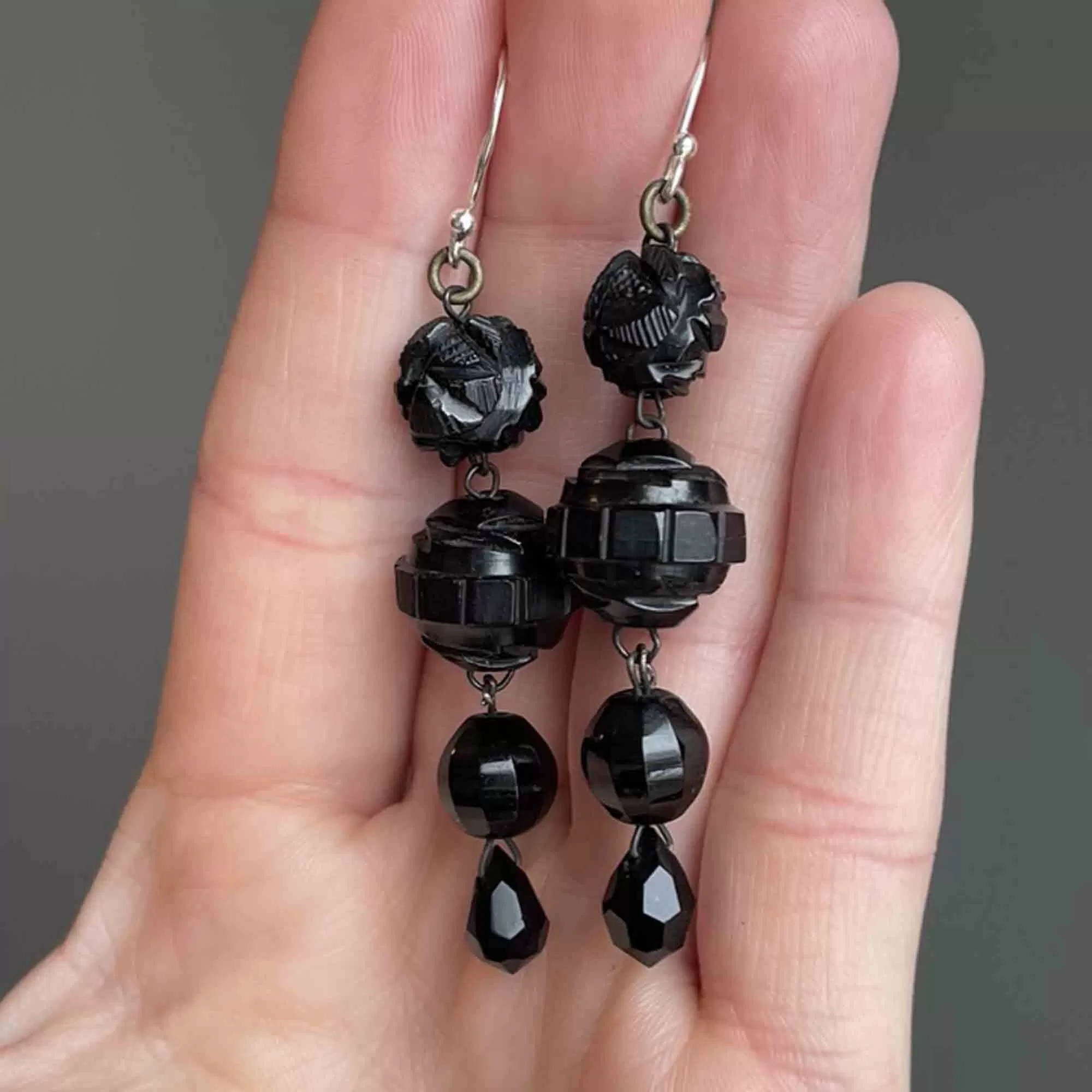 Antique Carved Whitby Jet Long Dangle Earrings