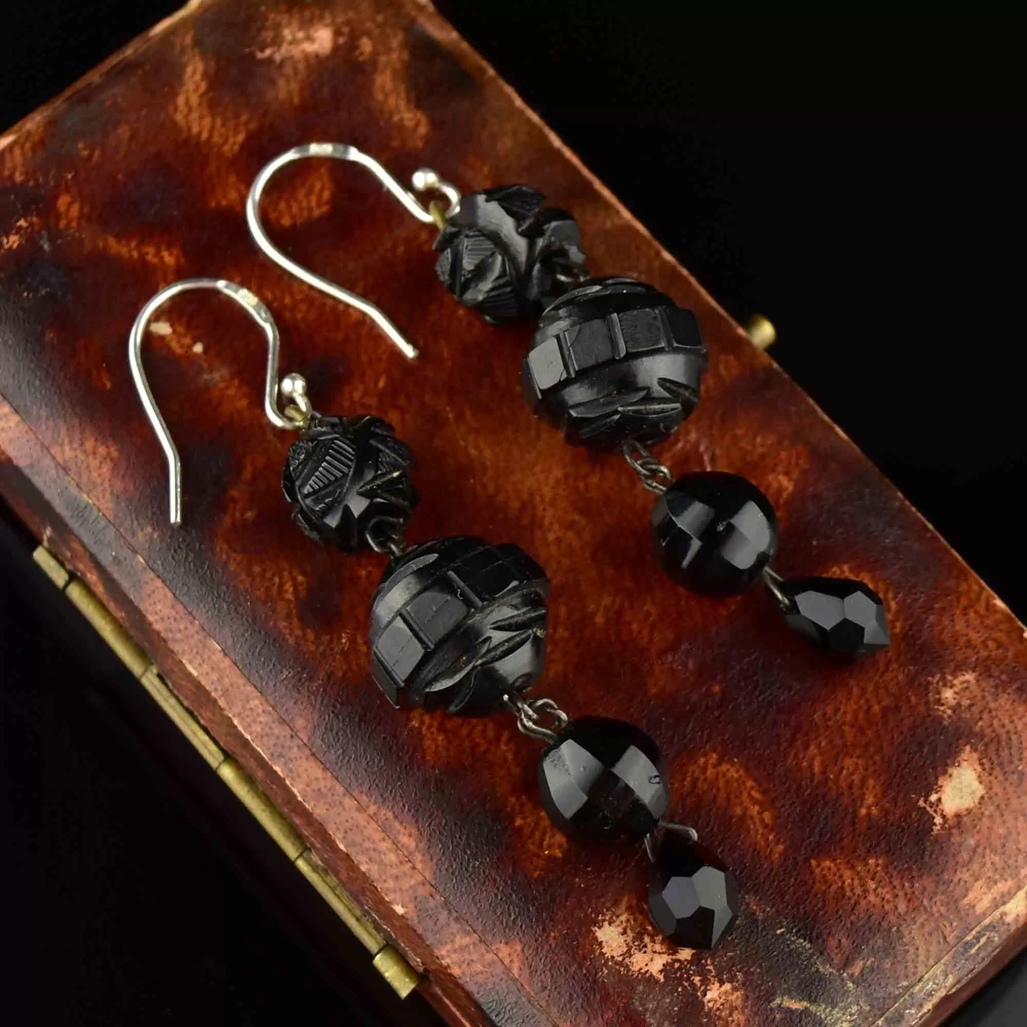 Antique Carved Whitby Jet Long Dangle Earrings