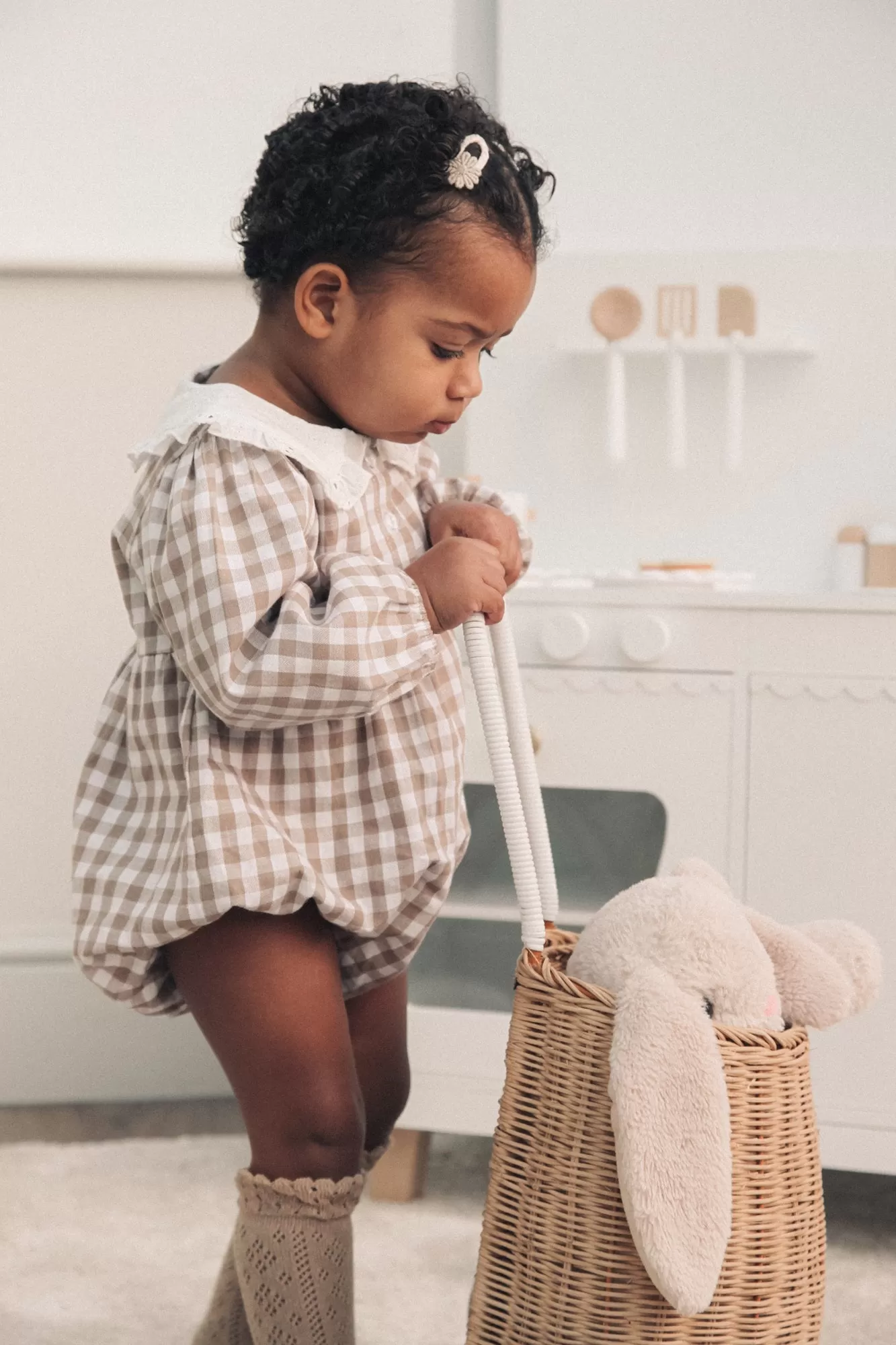 Beige Gingham & White Broderie Collar Romper