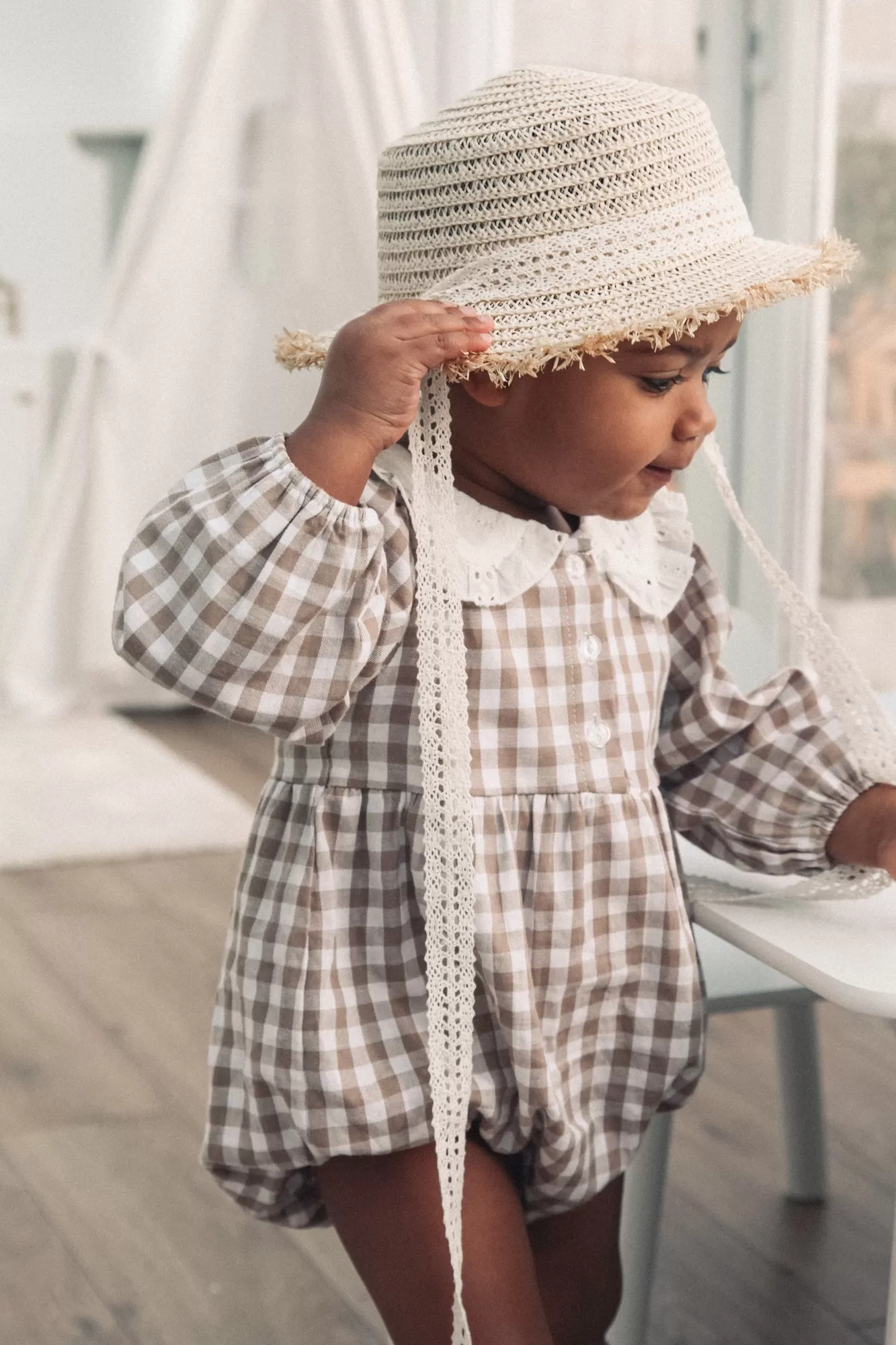 Beige Gingham & White Broderie Collar Romper