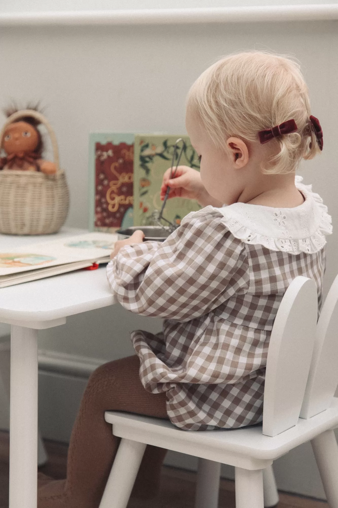 Beige Gingham & White Broderie Collar Romper