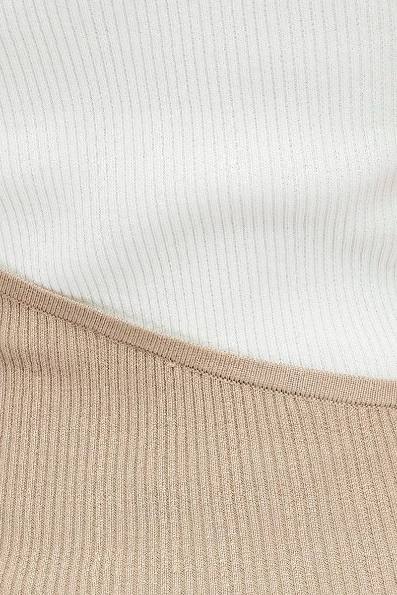 Beige Midi Dress Round Neck Colour Blocked Knit