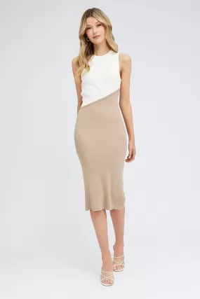 Beige Midi Dress Round Neck Colour Blocked Knit