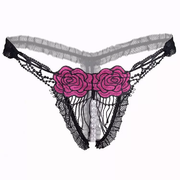 Black Lace and Red Rose Transparent Thongs