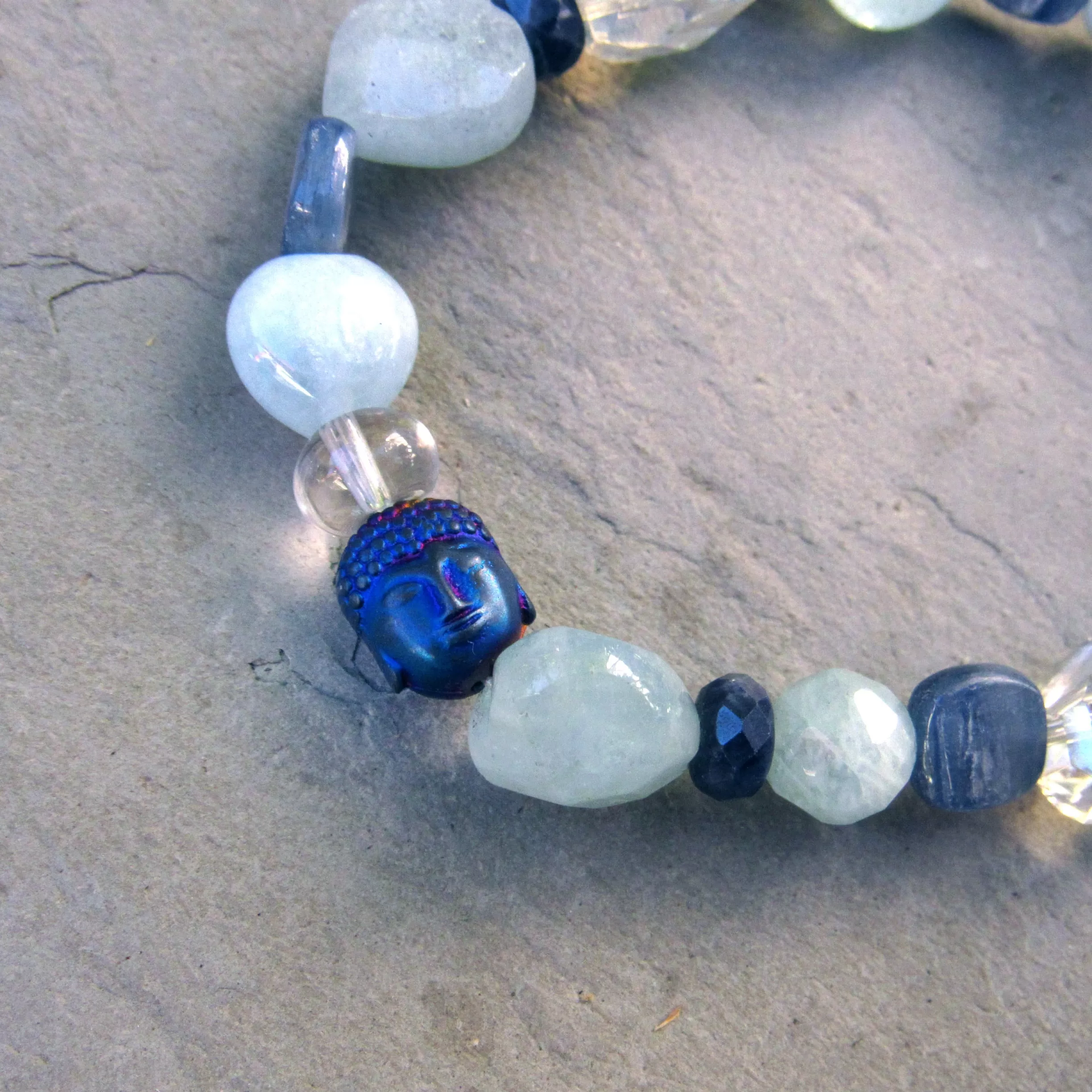 Blue Gemstone Buddha Stretch Bracelet with Sapphires and Quartz