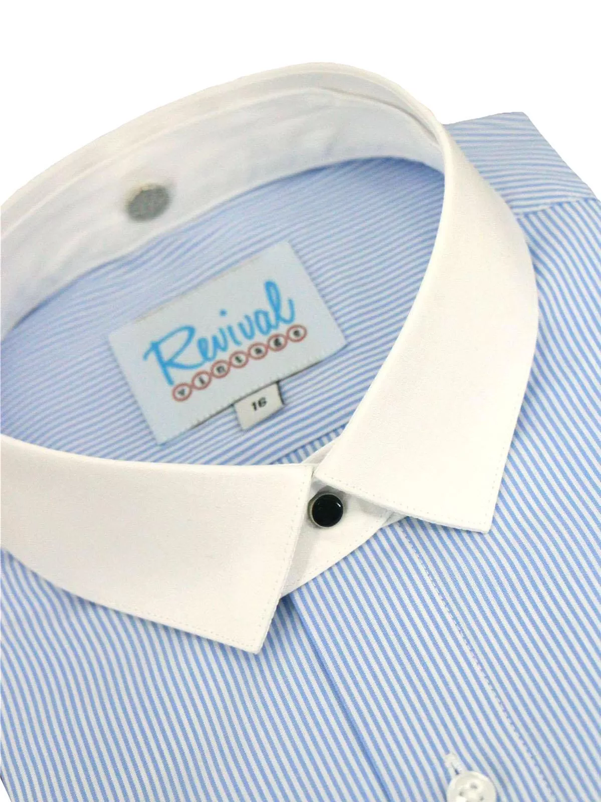 Blue Stripe Collarless Grandad Shirt with Detachable Bankers Collar