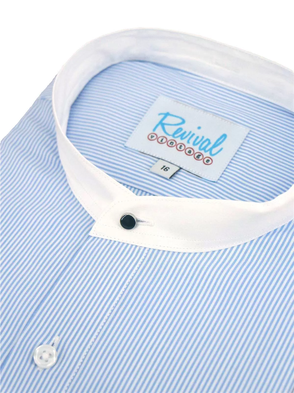 Blue Stripe Collarless Grandad Shirt with Detachable Bankers Collar