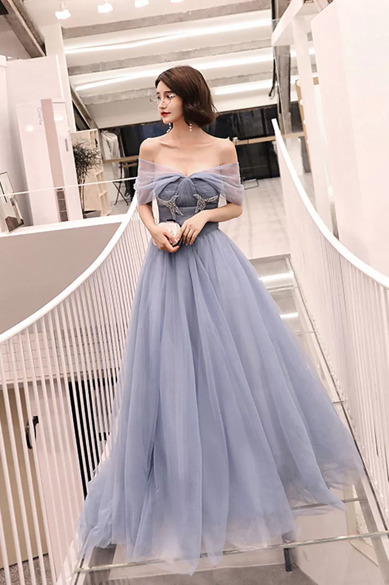 Blue tulle long prom dress, tulle long evening dress