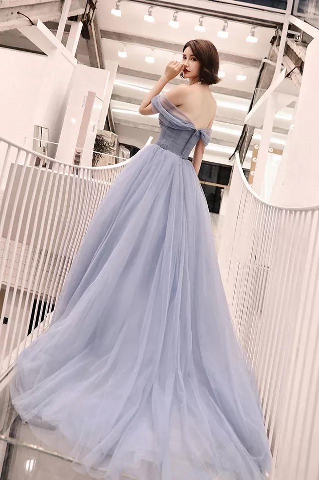 Blue tulle long prom dress, tulle long evening dress