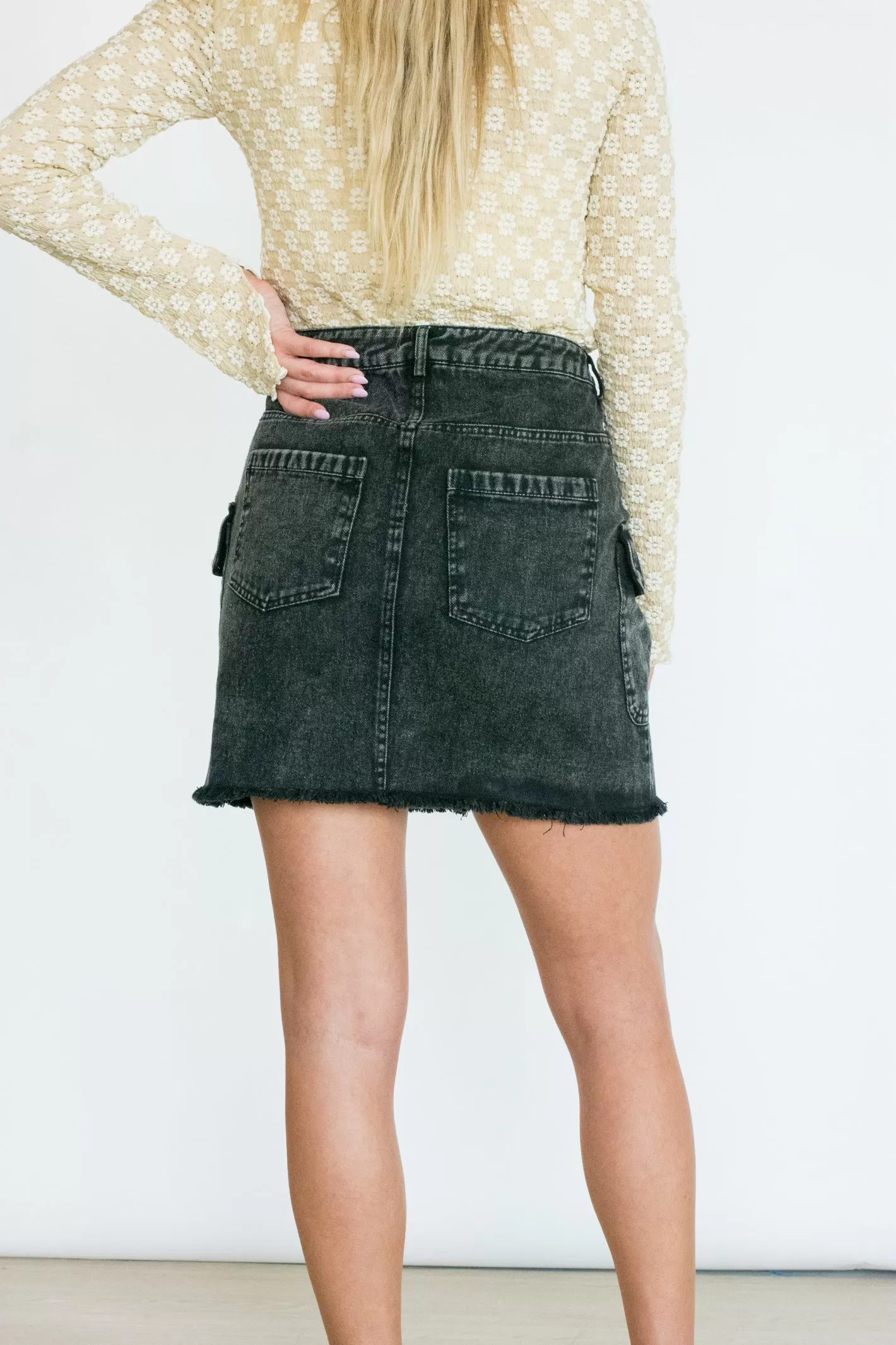 Bottom Line Black Denim Cargo Skirt