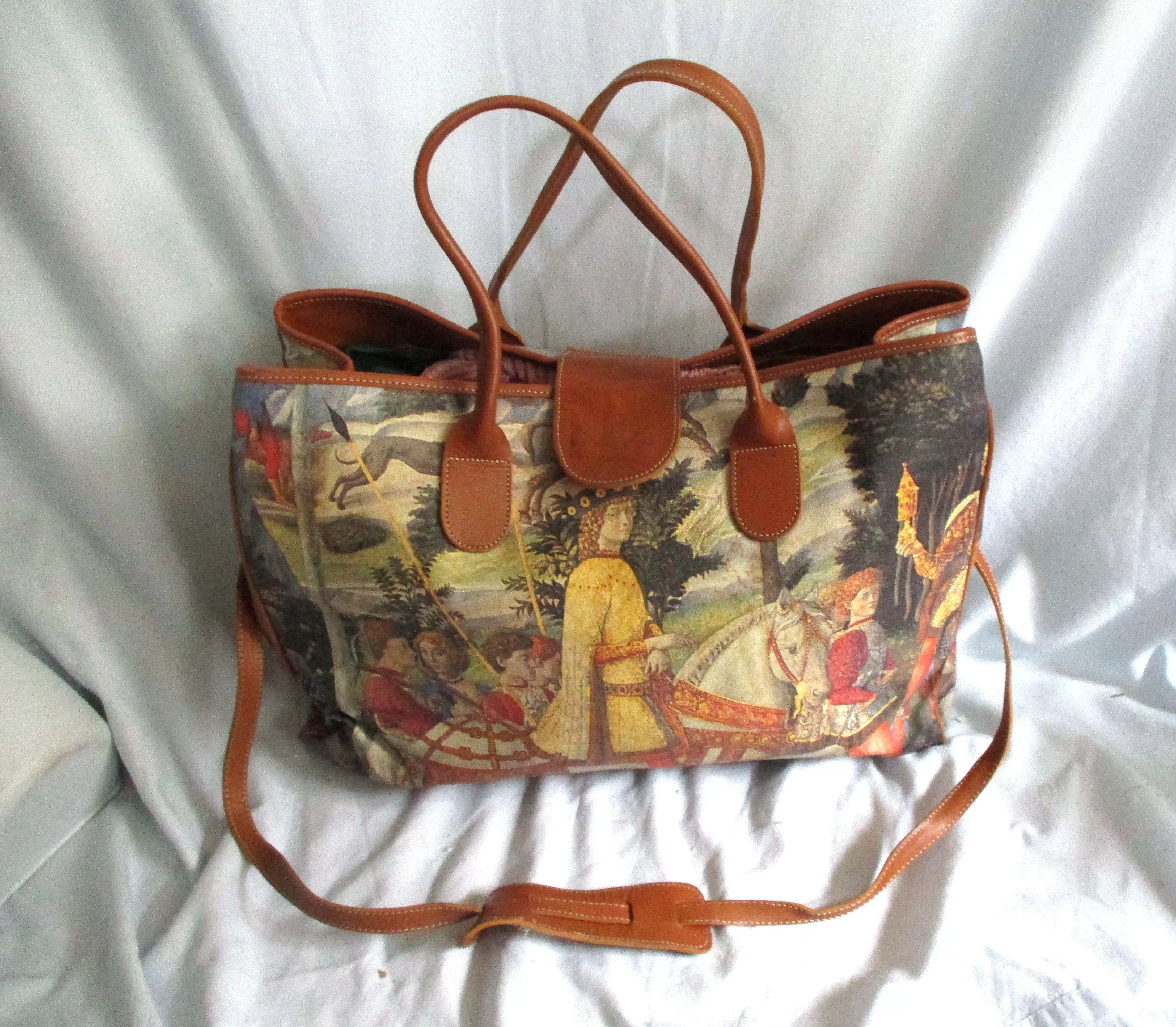 Boutique Design Made in Italy Coated Canvas Renaissance Pattern Satchel Tote Shoulder Bag Purse