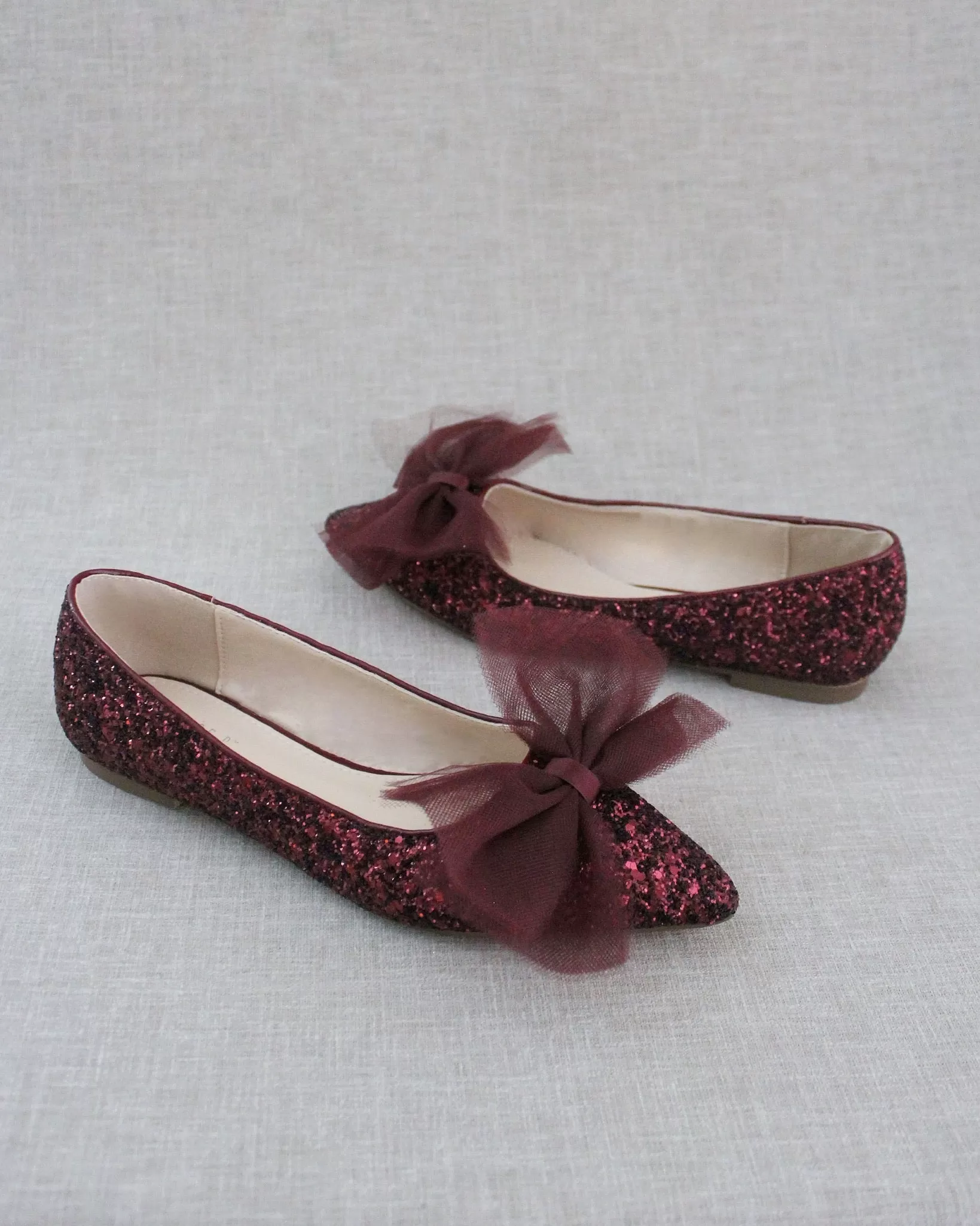 Burgundy Evening Pointy Toe Glitter Flats with Oversized Tulle Bow