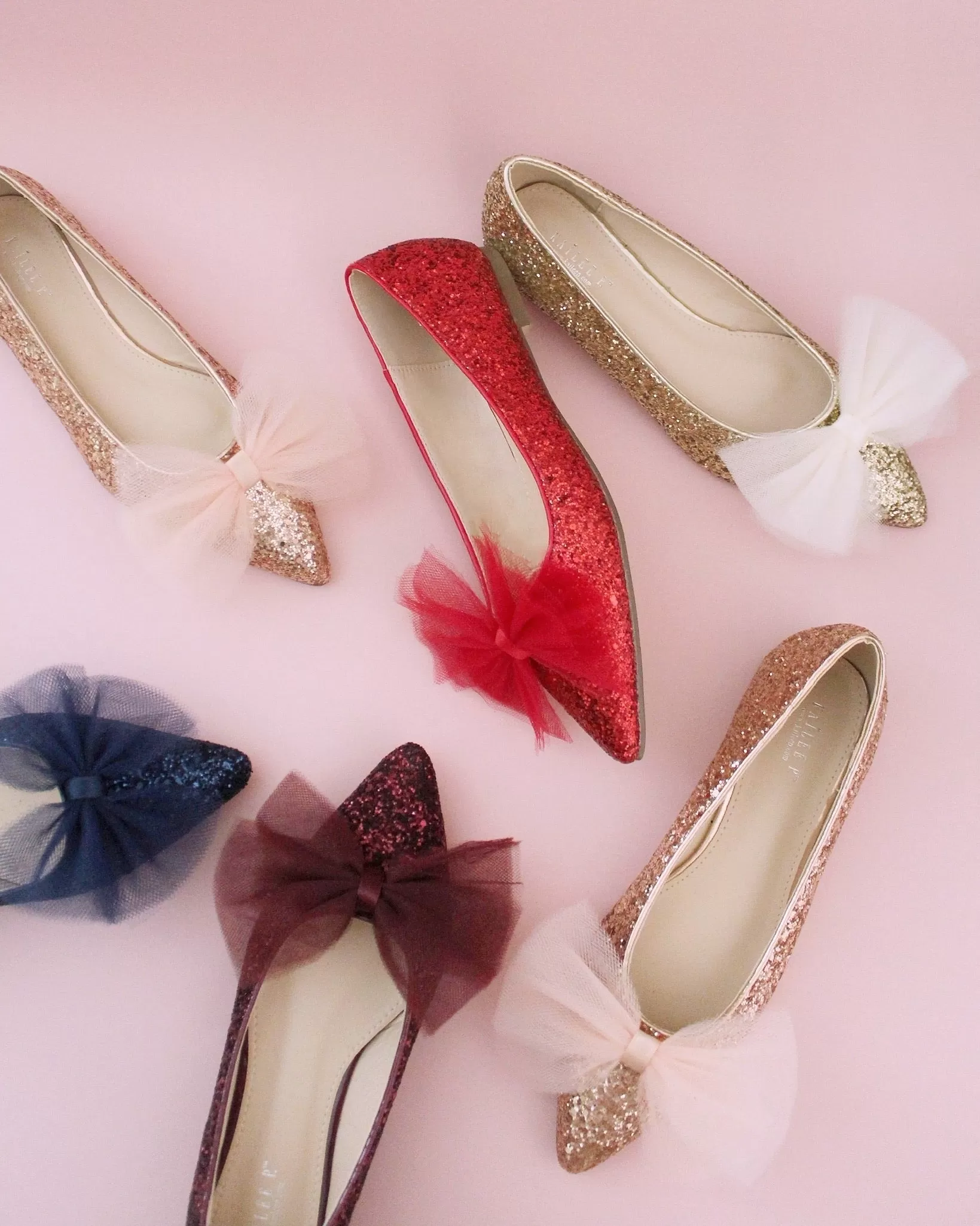 Burgundy Evening Pointy Toe Glitter Flats with Oversized Tulle Bow