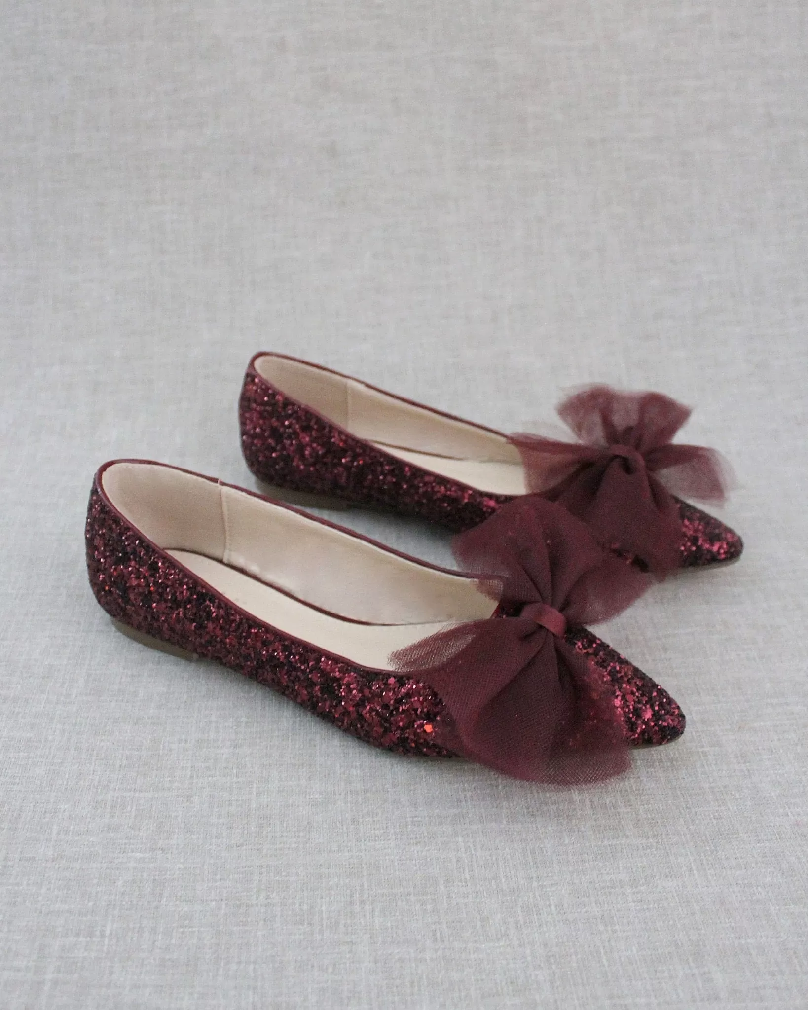 Burgundy Evening Pointy Toe Glitter Flats with Oversized Tulle Bow