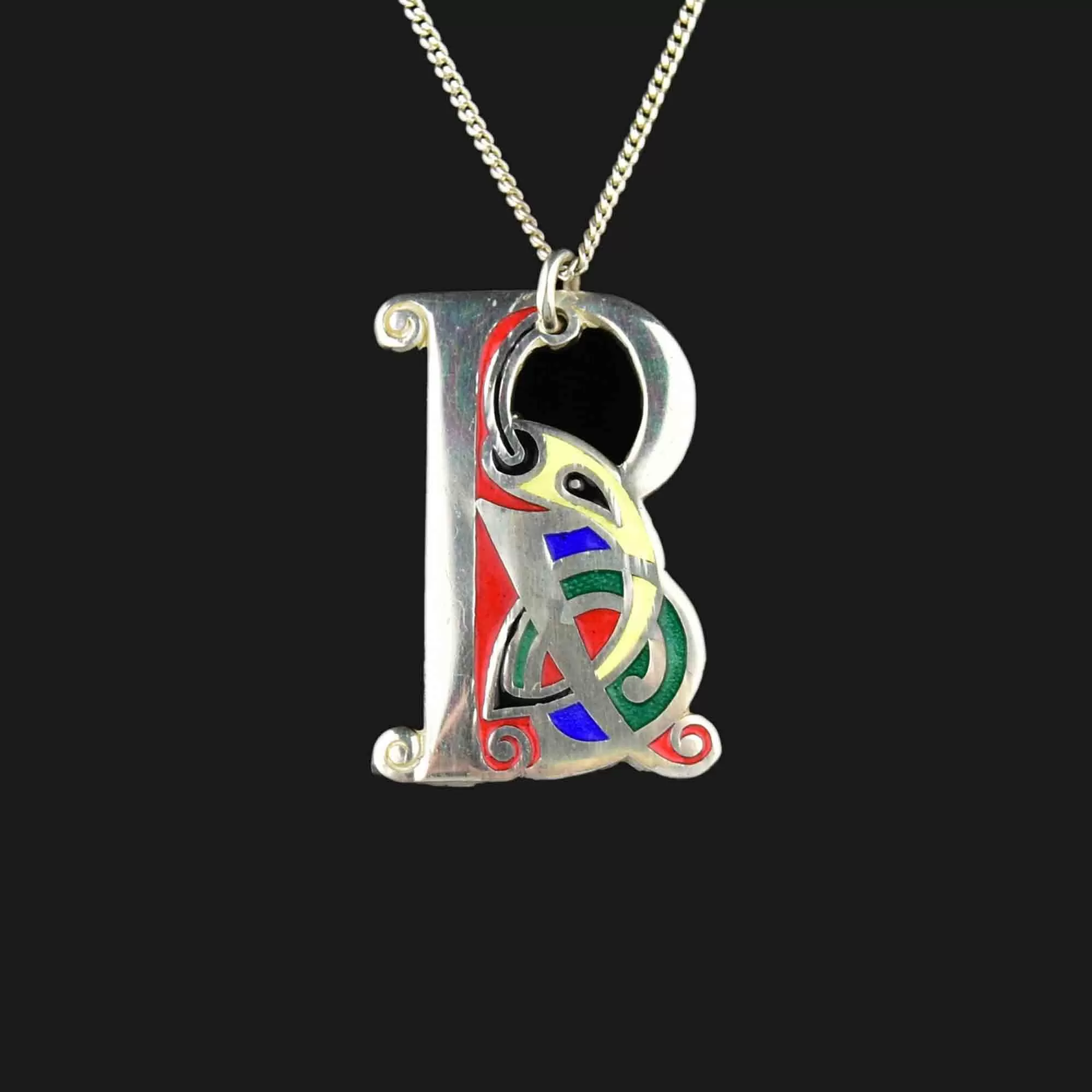 Celtic Initial B Silver Enamel Pendant Necklace