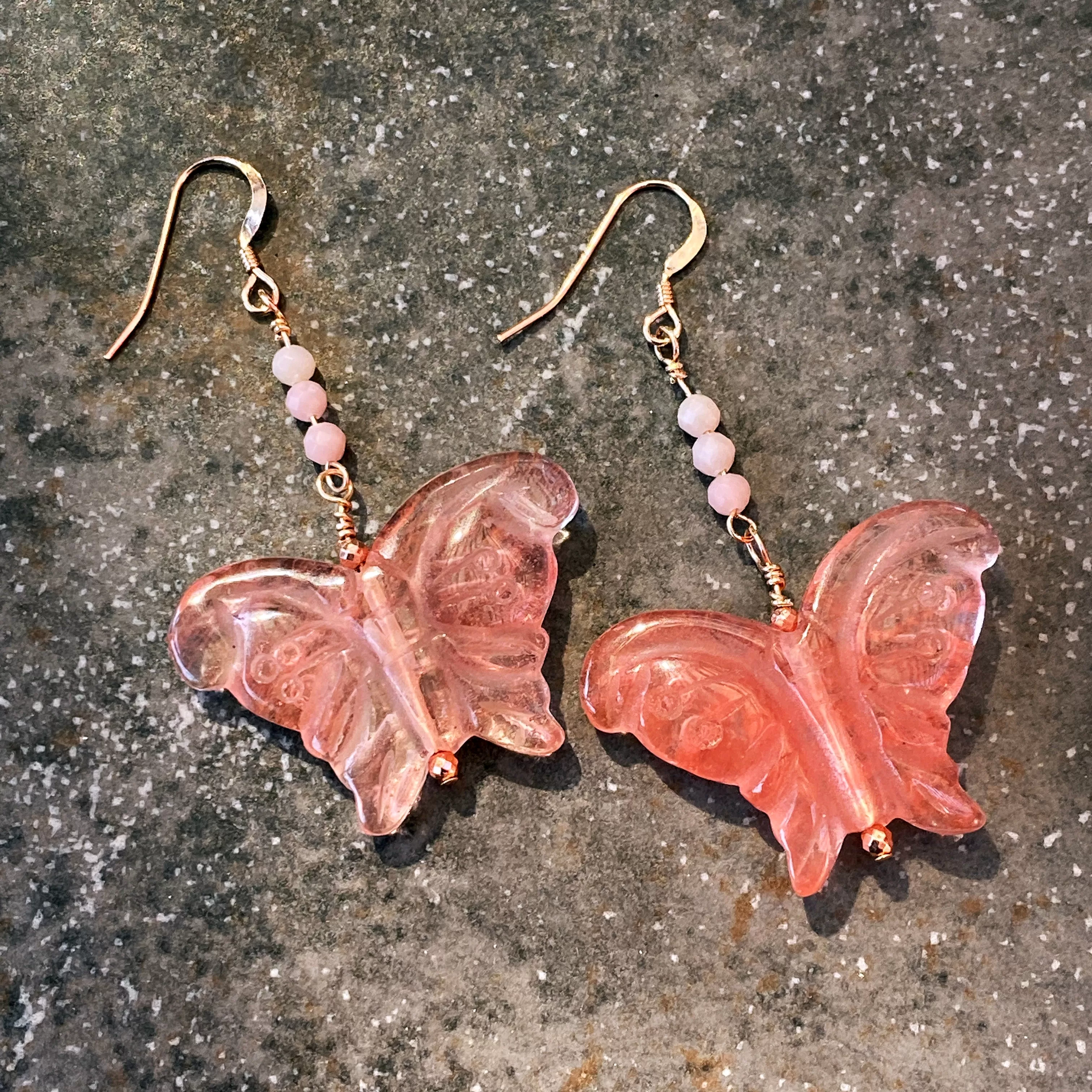 Cherry Quartz Gemstone Butterfly Earrings with Pink Opals & Rose gold findings