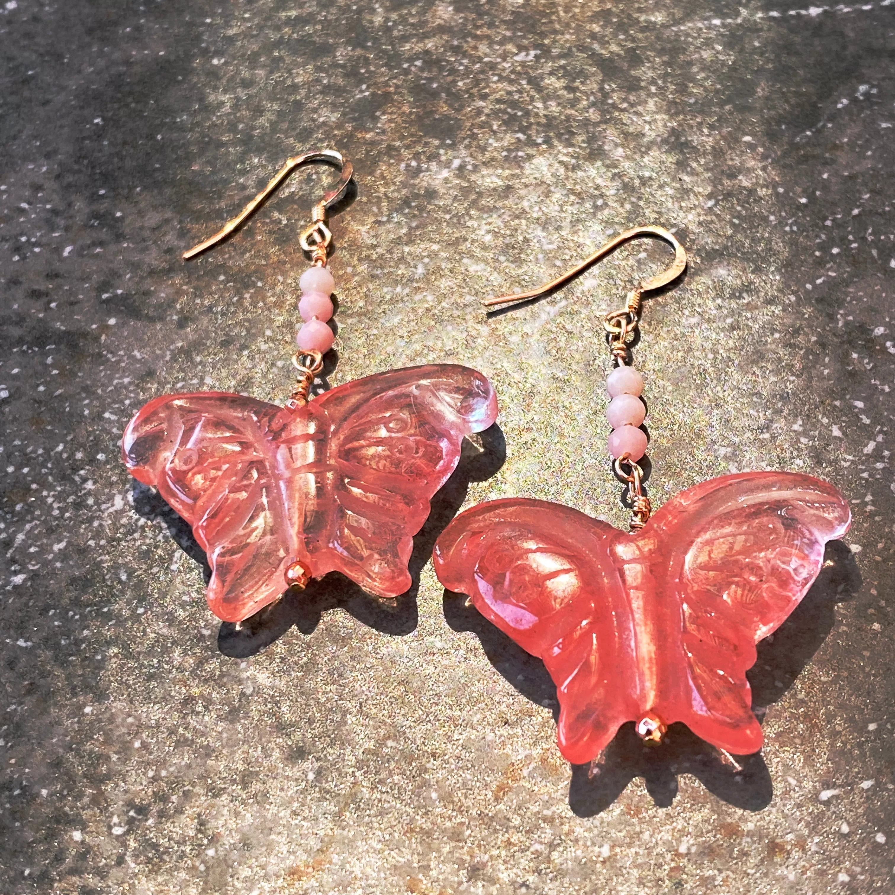 Cherry Quartz Gemstone Butterfly Earrings with Pink Opals & Rose gold findings