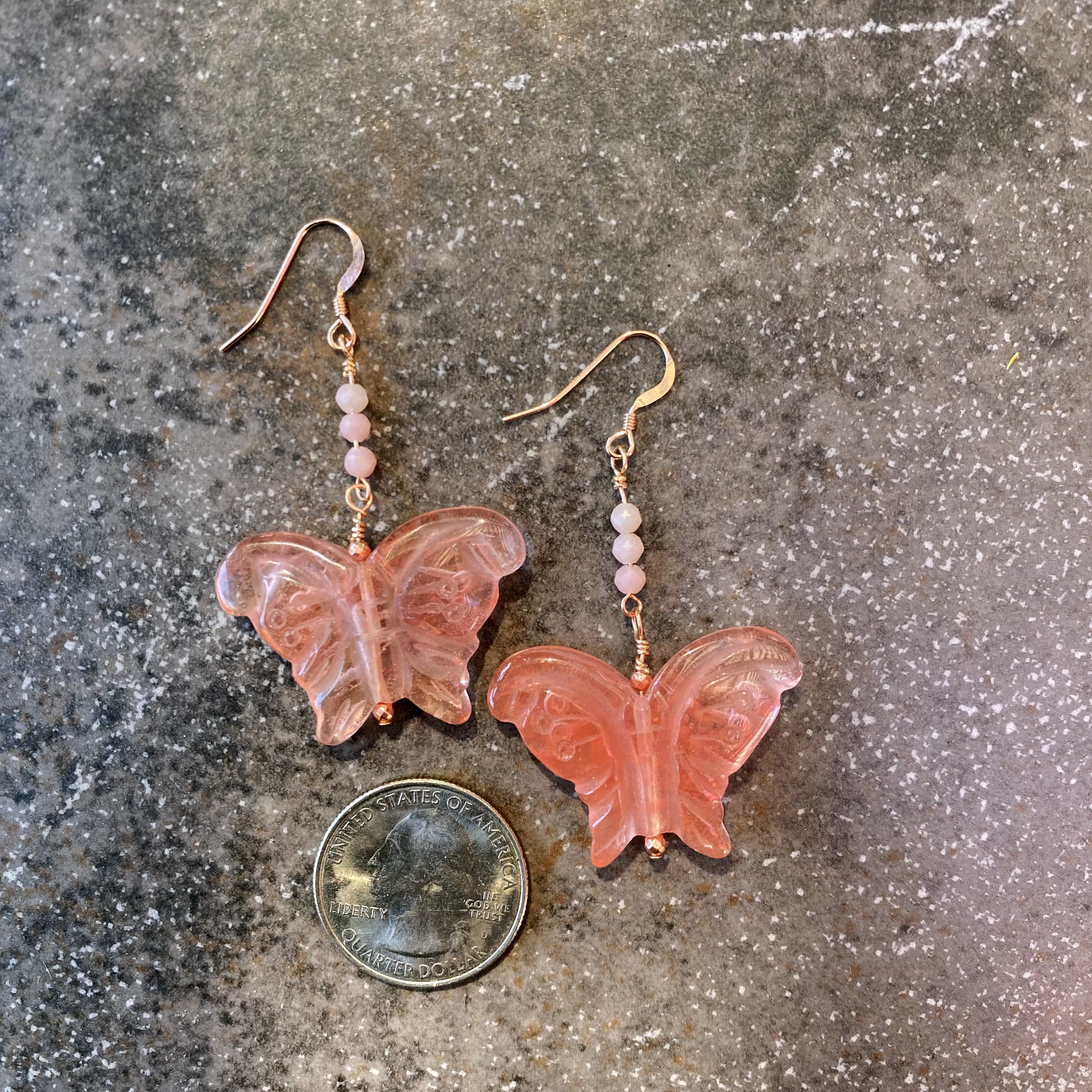 Cherry Quartz Gemstone Butterfly Earrings with Pink Opals & Rose gold findings