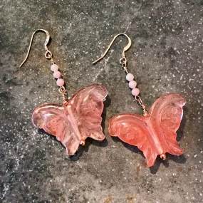 Cherry Quartz Gemstone Butterfly Earrings with Pink Opals & Rose gold findings