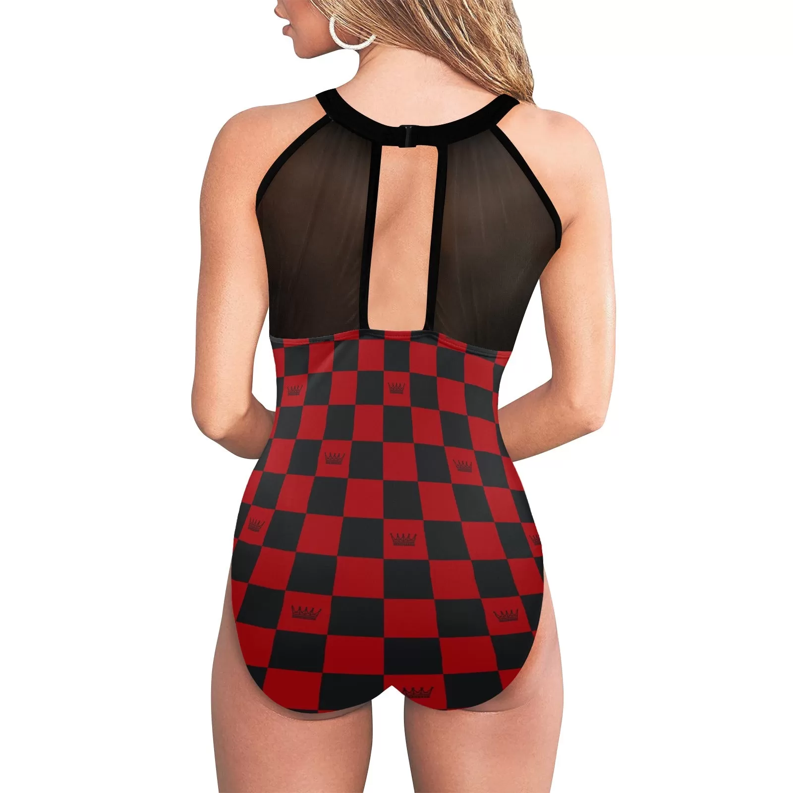 Chess Queen Women's High Neck Plunge Mesh Ruched Swimsuit (S43)