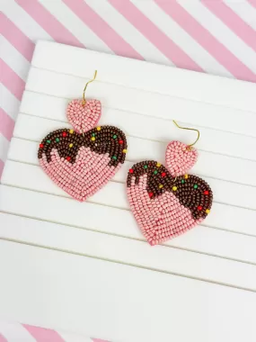 Chocolate Heart Beaded Dangle Earrings - Pink