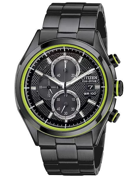 Citizen Drive Mens HTM2.0 Chronograph - Black Ion and Green - Bracelet - Date