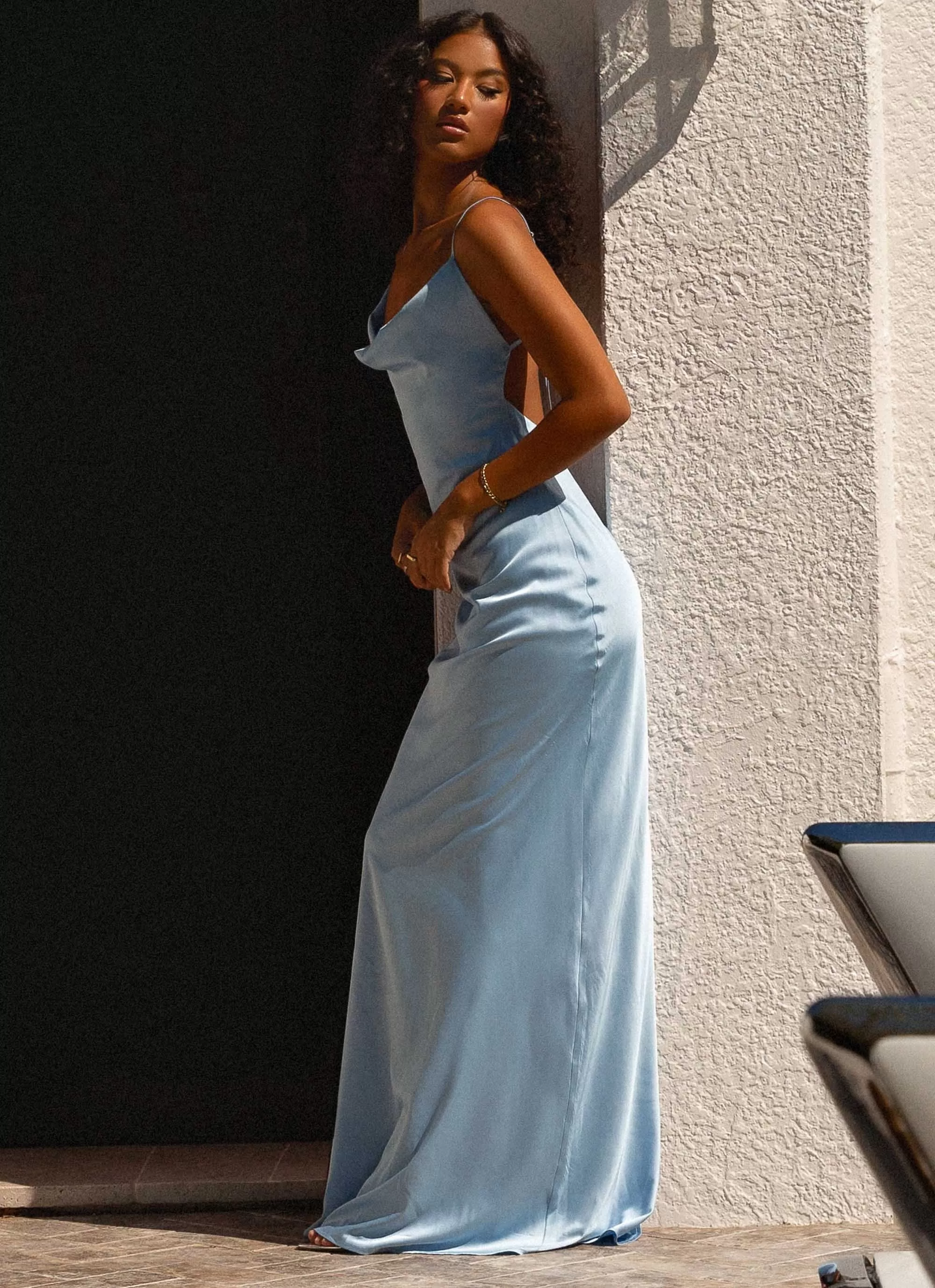 Coastal Escape Satin Maxi Dress - Ice Blue