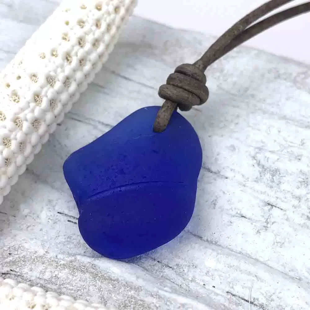 Cobalt Blue Sea Glass Thick Bottle Top Leather Surfside Necklace | #1567