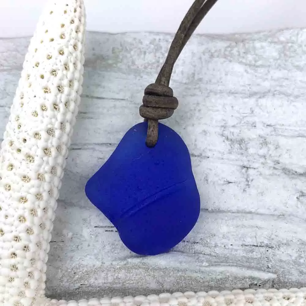 Cobalt Blue Sea Glass Thick Bottle Top Leather Surfside Necklace | #1567