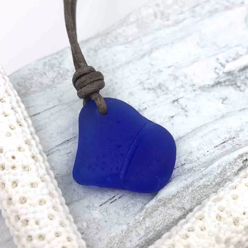 Cobalt Blue Sea Glass Thick Bottle Top Leather Surfside Necklace | #1567