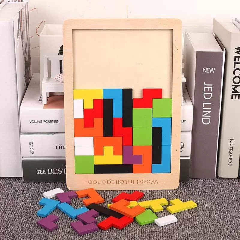 Colorful 3D Puzzle Wooden Tangram Math Toys Tetris Game Children Pre-school Magination Intellectual Educational Toy for Kids