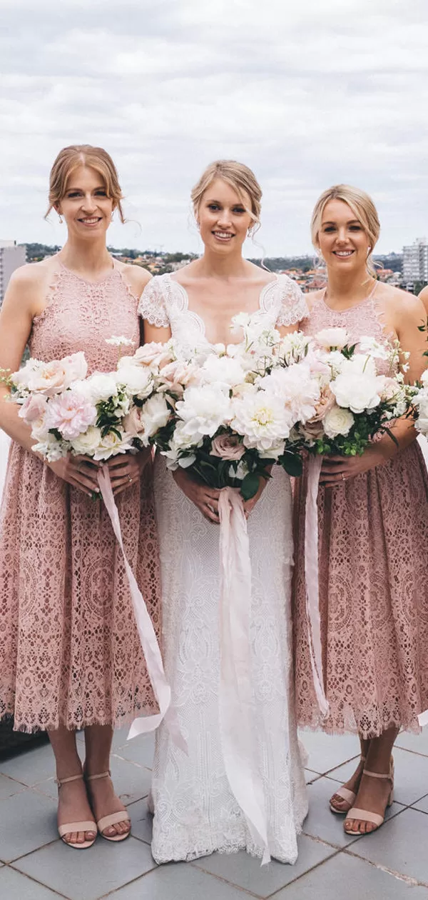 Dusty Pink Lace Sleeveless Tea Length Bridesmaid Dresses,DB128